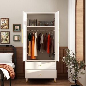 DiDuGo 2-Door Wardrobe Closet with 2 Drawers, Armoire Wardrobe Closet with Hanging Rod, Bedroom Armoire Closet with Wooden Legs, White and Gold (31.5”W x 19.1”D x 71.1”H)