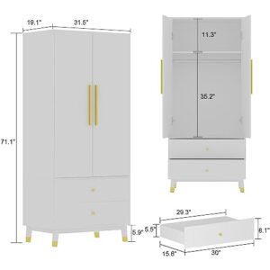 DiDuGo 2-Door Wardrobe Closet with 2 Drawers, Armoire Wardrobe Closet with Hanging Rod, Bedroom Armoire Closet with Wooden Legs, White and Gold (31.5”W x 19.1”D x 71.1”H)