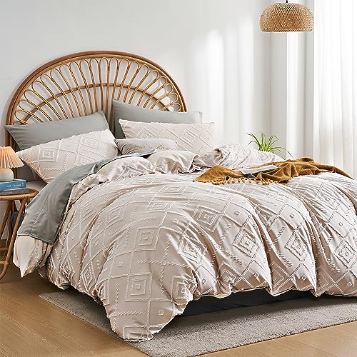 Senville Tufted Duvet Cover King Size,Jacquard Geometric Pattern,Soft Lightweight Beige Duvet Covers Set for All Seasons,3 Pieces Boho Shabby Chic Bedding Set with Zipper Closure(Cream Beige,King)