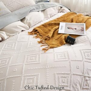 Senville Tufted Duvet Cover King Size,Jacquard Geometric Pattern,Soft Lightweight Beige Duvet Covers Set for All Seasons,3 Pieces Boho Shabby Chic Bedding Set with Zipper Closure(Cream Beige,King)