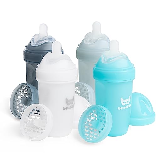 Herobility Double Anti-Colic Baby Bottles – 8.5 fl oz/240ml – 4-Pack – BPA-Free - Multicolor - White, Gray, Iron Blue, Blue