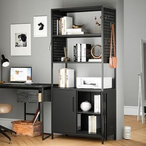 yizosh 5-tier bookshelf, tall bookcase with doors, industrial display standing shelf units with lock & pegboard, metal storage shelves for living room, bedroom, home office (black)