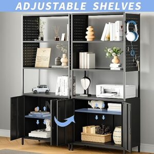 Yizosh 5-Tier Bookshelf, Tall Bookcase with Doors, Industrial Display Standing Shelf Units with Lock & Pegboard, Metal Storage Shelves for Living Room, Bedroom, Home Office (Black)