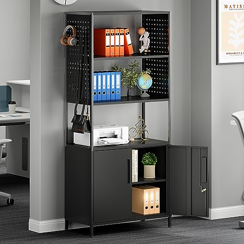 Yizosh 5-Tier Bookshelf, Tall Bookcase with Doors, Industrial Display Standing Shelf Units with Lock & Pegboard, Metal Storage Shelves for Living Room, Bedroom, Home Office (Black)