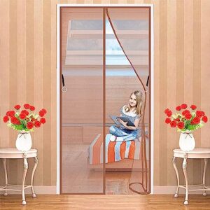 magnetic screen door, screen size:32x96in/83x245cm(width*height)，hands free mesh partition,heavy duty screen door mesh curtain keeps bugs out, pet and kid friendly(brown)