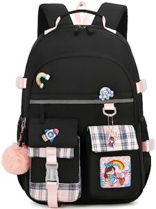 hey yoo cute school backpack for girls backpack for school bag kids backpacks for girls kawaii bookbag for teen girls (black)