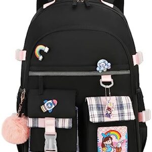 Hey Yoo Cute School Backpack for Girls Backpack for School Bag Kids Backpacks for Girls Kawaii Bookbag for Teen Girls (Black)