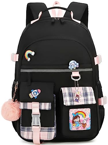 Hey Yoo Cute School Backpack for Girls Backpack for School Bag Kids Backpacks for Girls Kawaii Bookbag for Teen Girls (Black)