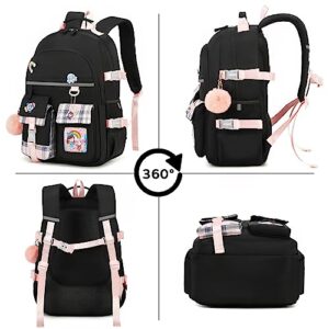 Hey Yoo Cute School Backpack for Girls Backpack for School Bag Kids Backpacks for Girls Kawaii Bookbag for Teen Girls (Black)