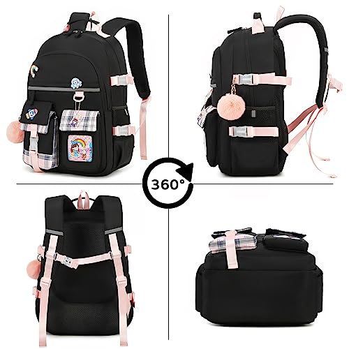 Hey Yoo Cute School Backpack for Girls Backpack for School Bag Kids Backpacks for Girls Kawaii Bookbag for Teen Girls (Black)