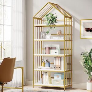 tribesigns 5-tier bookshelf, 75 inch arched faux marble bookcase book shelf, modern bookshelves plant stand rack, freestanding display shelf organizer rack for living room, bedroom, white & gold