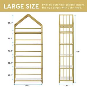 Tribesigns 5-Tier Bookshelf, 75 Inch Arched Faux Marble Bookcase Book Shelf, Modern Bookshelves Plant Stand Rack, Freestanding Display Shelf Organizer Rack for Living Room, Bedroom, White & Gold