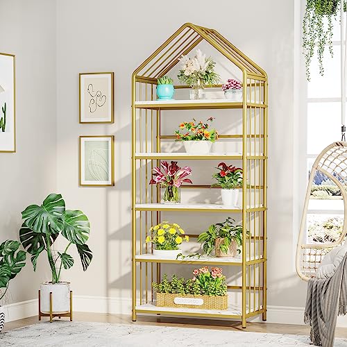 Tribesigns 5-Tier Bookshelf, 75 Inch Arched Faux Marble Bookcase Book Shelf, Modern Bookshelves Plant Stand Rack, Freestanding Display Shelf Organizer Rack for Living Room, Bedroom, White & Gold