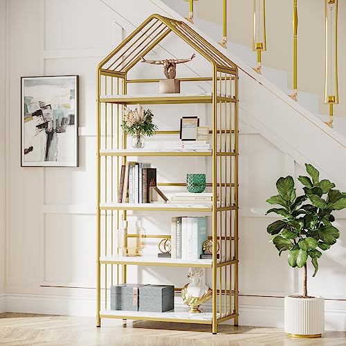 Tribesigns 5-Tier Bookshelf, 75 Inch Arched Faux Marble Bookcase Book Shelf, Modern Bookshelves Plant Stand Rack, Freestanding Display Shelf Organizer Rack for Living Room, Bedroom, White & Gold