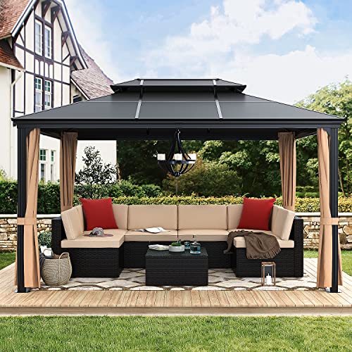 Greesum 10'x13' Hardtop Polycarbonate Gazebo, Outdoor Steel Double Roof Canopy, Aluminum Frame Permanent Pavilion with Netting and Curtains for Patio, Backyard and Lawns