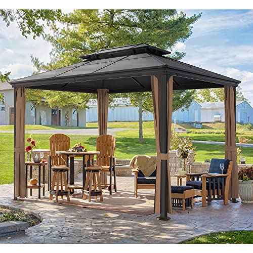 Greesum 10'x13' Hardtop Polycarbonate Gazebo, Outdoor Steel Double Roof Canopy, Aluminum Frame Permanent Pavilion with Netting and Curtains for Patio, Backyard and Lawns