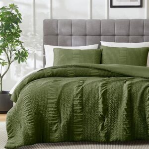 seersucker olive green queen size comforter set, 3 pieces- soft washed microfiber sage comforter with 2 pillowcases shams, fluffy down alternative bedding comforter sets for all season (90x90 inches)