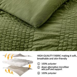 Seersucker Olive Green Queen Size Comforter Set, 3 Pieces- Soft Washed Microfiber Sage Comforter with 2 Pillowcases shams, Fluffy Down Alternative Bedding Comforter Sets for All Season (90x90 inches)