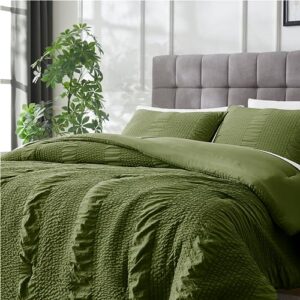 Seersucker Olive Green Queen Size Comforter Set, 3 Pieces- Soft Washed Microfiber Sage Comforter with 2 Pillowcases shams, Fluffy Down Alternative Bedding Comforter Sets for All Season (90x90 inches)