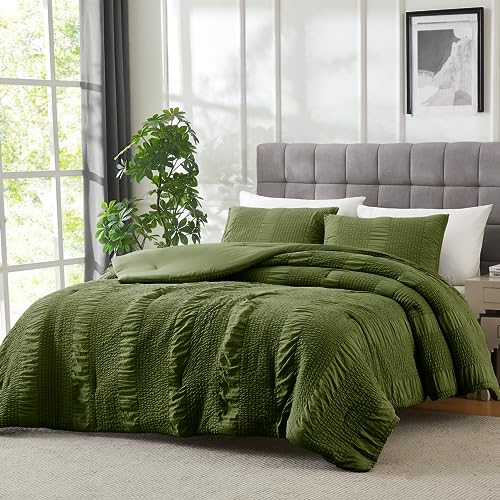 Seersucker Olive Green Queen Size Comforter Set, 3 Pieces- Soft Washed Microfiber Sage Comforter with 2 Pillowcases shams, Fluffy Down Alternative Bedding Comforter Sets for All Season (90x90 inches)