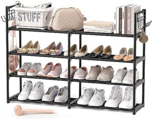 mocine 4-tier shoe rack, black metal shoe racks, stackable shoe shelf with multifunctional hooks, hold 20 pairs, space saving shoe rack, shoes rack for closet,