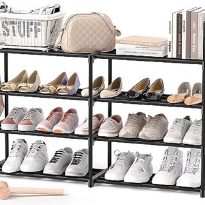 MOCINE 4-Tier Shoe Rack, Black Metal Shoe Racks, Stackable Shoe Shelf with Multifunctional Hooks, Hold 20 Pairs, Space saving shoe rack, Shoes rack for closet,