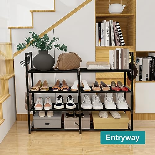 MOCINE 4-Tier Shoe Rack, Black Metal Shoe Racks, Stackable Shoe Shelf with Multifunctional Hooks, Hold 20 Pairs, Space saving shoe rack, Shoes rack for closet,