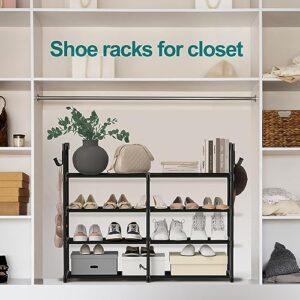 MOCINE 4-Tier Shoe Rack, Black Metal Shoe Racks, Stackable Shoe Shelf with Multifunctional Hooks, Hold 20 Pairs, Space saving shoe rack, Shoes rack for closet,