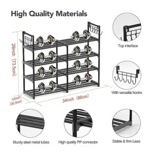 MOCINE 4-Tier Shoe Rack, Black Metal Shoe Racks, Stackable Shoe Shelf with Multifunctional Hooks, Hold 20 Pairs, Space saving shoe rack, Shoes rack for closet,