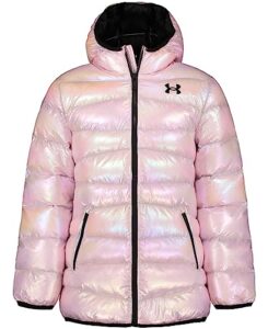 under armour girls' quilted puffer jacket, front pockets & hooded back, mid-weight & water repellent, bubble peach