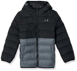 under armour boys' pronto puffer jacket, mid-weight, zip up closure, repels water, black colorblock