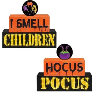 reversible halloween wooden block sign with led lights- halloween decorations- double-sided halloween light up hocus pocus table sign for festive haunted house farmhouse home tabletop tiered tray