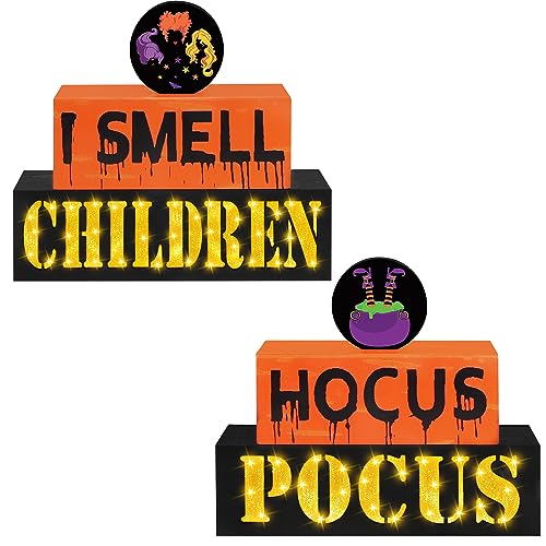 Reversible Halloween Wooden Block Sign with Led Lights- Halloween Decorations- Double-Sided Halloween Light up Hocus Pocus Table Sign for Festive Haunted House Farmhouse Home Tabletop Tiered Tray