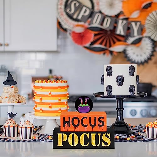 Reversible Halloween Wooden Block Sign with Led Lights- Halloween Decorations- Double-Sided Halloween Light up Hocus Pocus Table Sign for Festive Haunted House Farmhouse Home Tabletop Tiered Tray