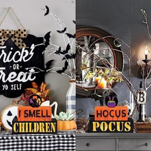 Reversible Halloween Wooden Block Sign with Led Lights- Halloween Decorations- Double-Sided Halloween Light up Hocus Pocus Table Sign for Festive Haunted House Farmhouse Home Tabletop Tiered Tray