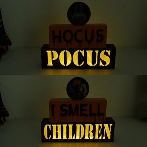 Reversible Halloween Wooden Block Sign with Led Lights- Halloween Decorations- Double-Sided Halloween Light up Hocus Pocus Table Sign for Festive Haunted House Farmhouse Home Tabletop Tiered Tray