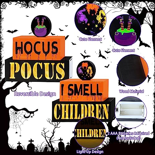 Reversible Halloween Wooden Block Sign with Led Lights- Halloween Decorations- Double-Sided Halloween Light up Hocus Pocus Table Sign for Festive Haunted House Farmhouse Home Tabletop Tiered Tray