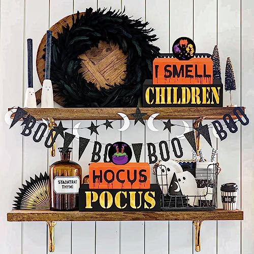 Reversible Halloween Wooden Block Sign with Led Lights- Halloween Decorations- Double-Sided Halloween Light up Hocus Pocus Table Sign for Festive Haunted House Farmhouse Home Tabletop Tiered Tray