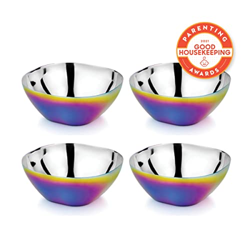Ahimsa Stainless Steel Square Bowl Pack of 4 | 4 x 12 Ounce Bowls | Baby Led Weaning | Toddler Dishware | No Plastic | 100% BPA Free | Dishwasher Safe (Rainbow)