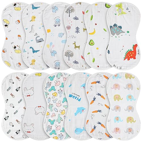 Peryiter 12 Pcs Muslin Burp Cloths 20'' x 10'' 6 Layers Cotton Burping Clothes Animal Fruit Theme Soft Burp Rags Burpy Cloth Bib Hand Muslin Washcloths Absorbent Newborn Face Towels for Baby Boy Girl