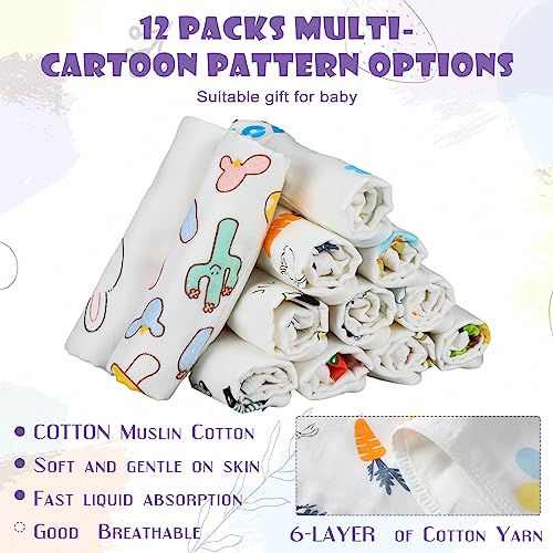 Peryiter 12 Pcs Muslin Burp Cloths 20'' x 10'' 6 Layers Cotton Burping Clothes Animal Fruit Theme Soft Burp Rags Burpy Cloth Bib Hand Muslin Washcloths Absorbent Newborn Face Towels for Baby Boy Girl