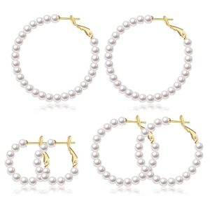 cerslimo pearl hoop earrings for women - 3 pairs 14k gold plated pearl hoop earrings set, s925 sterling silver post big large hoops 4mm pearl earrings jewelry gifts 20/30/40mm