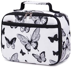 ledaou lunch bag kids insulated lunch box girls insulated reusable lunch bag for school picnic hiking work (butterflies white)