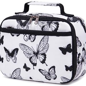 LEDAOU Lunch Bag Kids Insulated Lunch Box Girls Insulated Reusable Lunch Bag for School Picnic Hiking Work (Butterflies White)