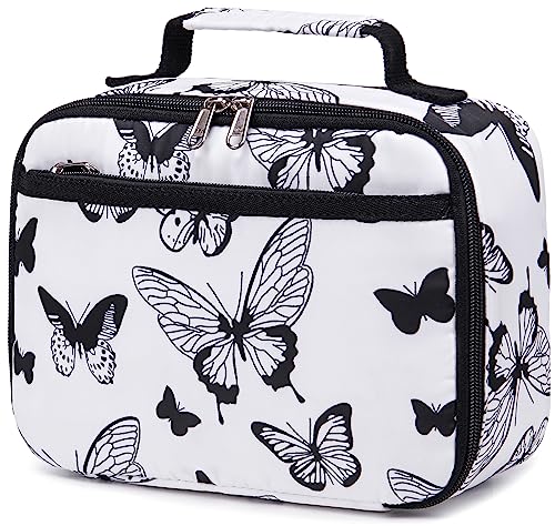 LEDAOU Lunch Bag Kids Insulated Lunch Box Girls Insulated Reusable Lunch Bag for School Picnic Hiking Work (Butterflies White)