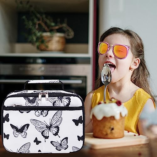 LEDAOU Lunch Bag Kids Insulated Lunch Box Girls Insulated Reusable Lunch Bag for School Picnic Hiking Work (Butterflies White)