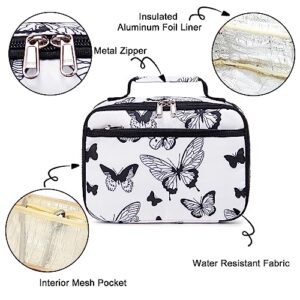 LEDAOU Lunch Bag Kids Insulated Lunch Box Girls Insulated Reusable Lunch Bag for School Picnic Hiking Work (Butterflies White)