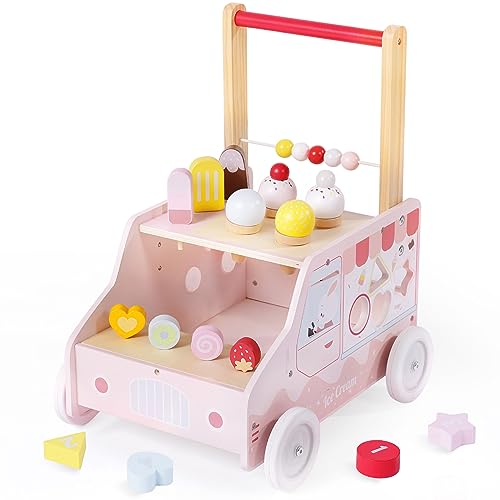 labebe Wooden Baby Walker with Wheels for Girls 12 Months, Baby Push Walker for 1 Year Old Sit to Stand Walker for Baby Girl/Boy, Ice Cream Cart for Kids Age 1-3Y, Toddler Pretend Play Dessert Truck