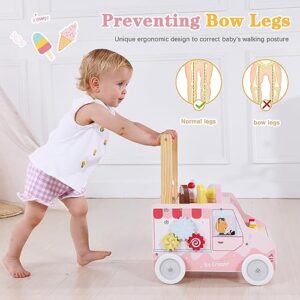 labebe Wooden Baby Walker with Wheels for Girls 12 Months, Baby Push Walker for 1 Year Old Sit to Stand Walker for Baby Girl/Boy, Ice Cream Cart for Kids Age 1-3Y, Toddler Pretend Play Dessert Truck