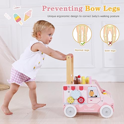 labebe Wooden Baby Walker with Wheels for Girls 12 Months, Baby Push Walker for 1 Year Old Sit to Stand Walker for Baby Girl/Boy, Ice Cream Cart for Kids Age 1-3Y, Toddler Pretend Play Dessert Truck